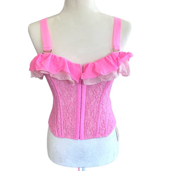 We Are HAH Corset Seams Like a Princess Medium Barbie Pink Lace Ruffle Lace Up - Picture 1 of 14